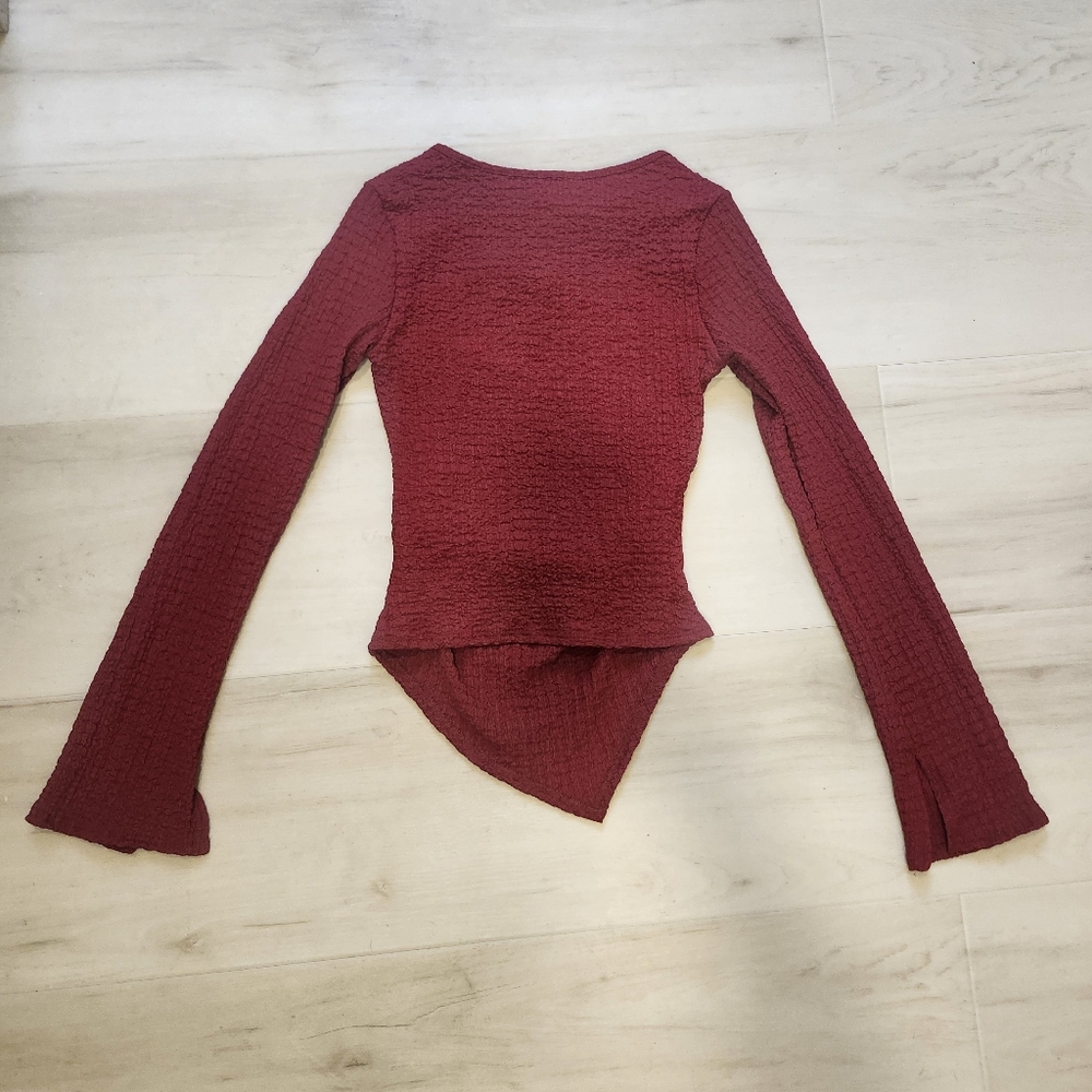 See You Monday | Red Asymetrical Textured Long Sleeve Top